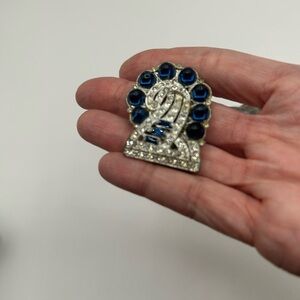 Art Deco Single Dress Clip Silver Tone Blue Clear Rhinestones Brooch